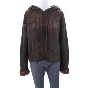 Sonia Rykiel Womens Long Sleeve Metallic Stripe Hoodie Sweater Black Brown Small
